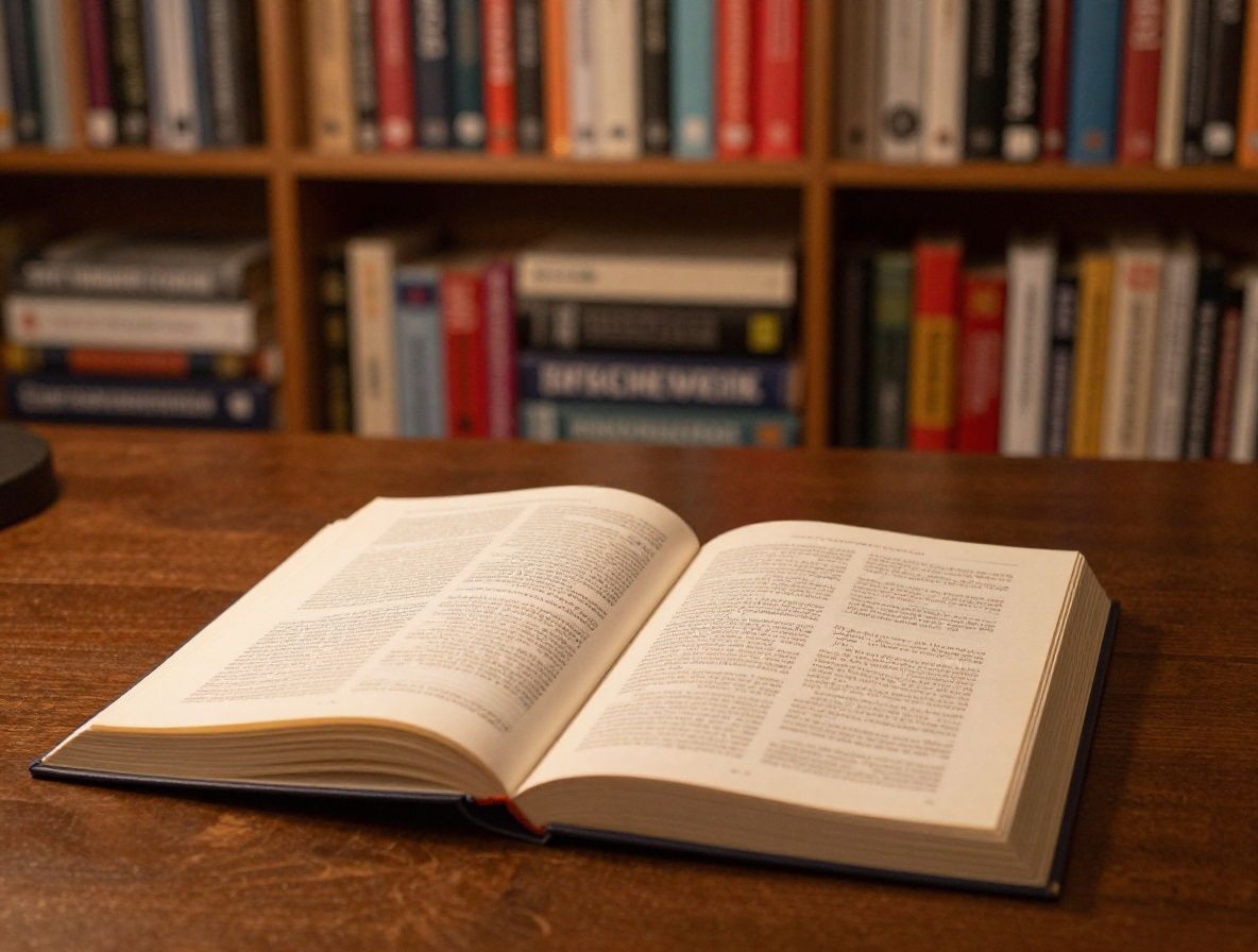 Ein aufgeschlagenes Buch auf einem massiven Holzschreibtisch, beleuchtet von warmem, seitlichem Licht einer Schreibtischlampe, mit unscharfen Bücherstapeln im Hintergrund – symbolisiert Forschung, Wissen und wissenschaftliche Reflexion