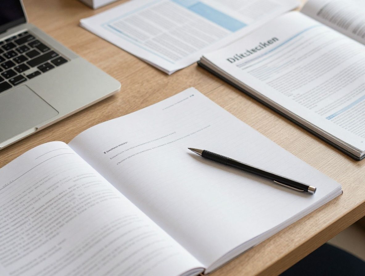 Nahaufnahme aufgefächerter wissenschaftlicher Fachjournale und Notizbücher auf einem hellen Schreibtisch mit einem Stift daneben, symbolisiert das Zusammentragen und Aufbereiten von Forschungsergebnissen