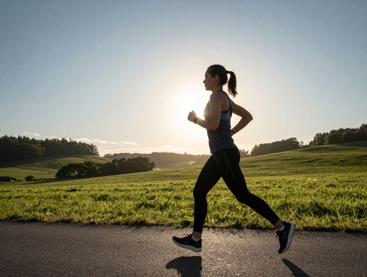 Stilisierte Silhouette einer Person beim Laufen in einer offenen Naturlandschaft bei Sonnenaufgang, symbolisiert tägliche Bewegung und körperliche Aktivität