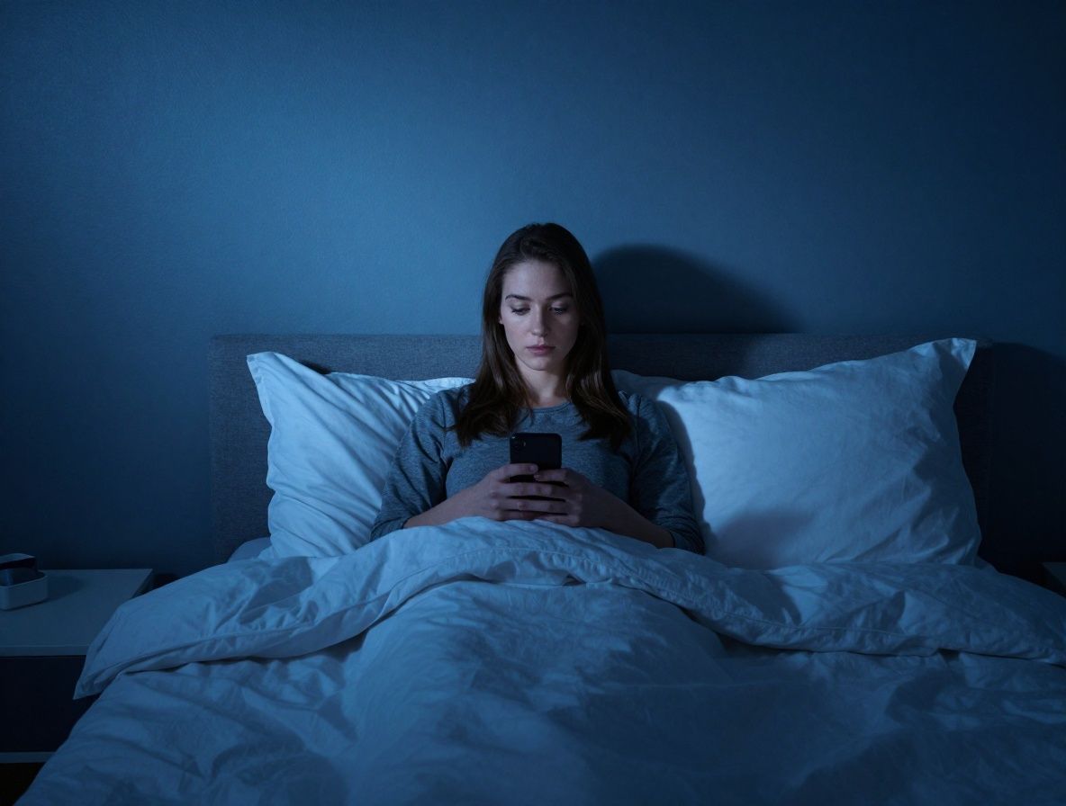 Ruhiges, ordentliches Schlafzimmer in gedämpftem blauen Abendlicht mit weichen Kissen, das erholsamen und qualitativ hochwertigen Schlaf und Nachtruhe suggeriert